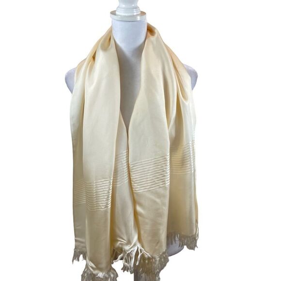 Lanvin Paris 100% Silk Ivory‎ Fringe End Scarf Appr 51”x28” - Picture 5 of 13